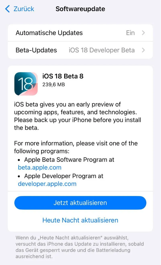 中山苹果手机维修分享苹果 iOS / iPadOS 18 开发者预览版 Beta 8 发布 